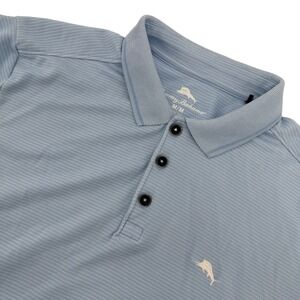 Tommy Bahama Mens Polo Shirt Blue Stripe Short Sleeve Medium Palm Tree Logo